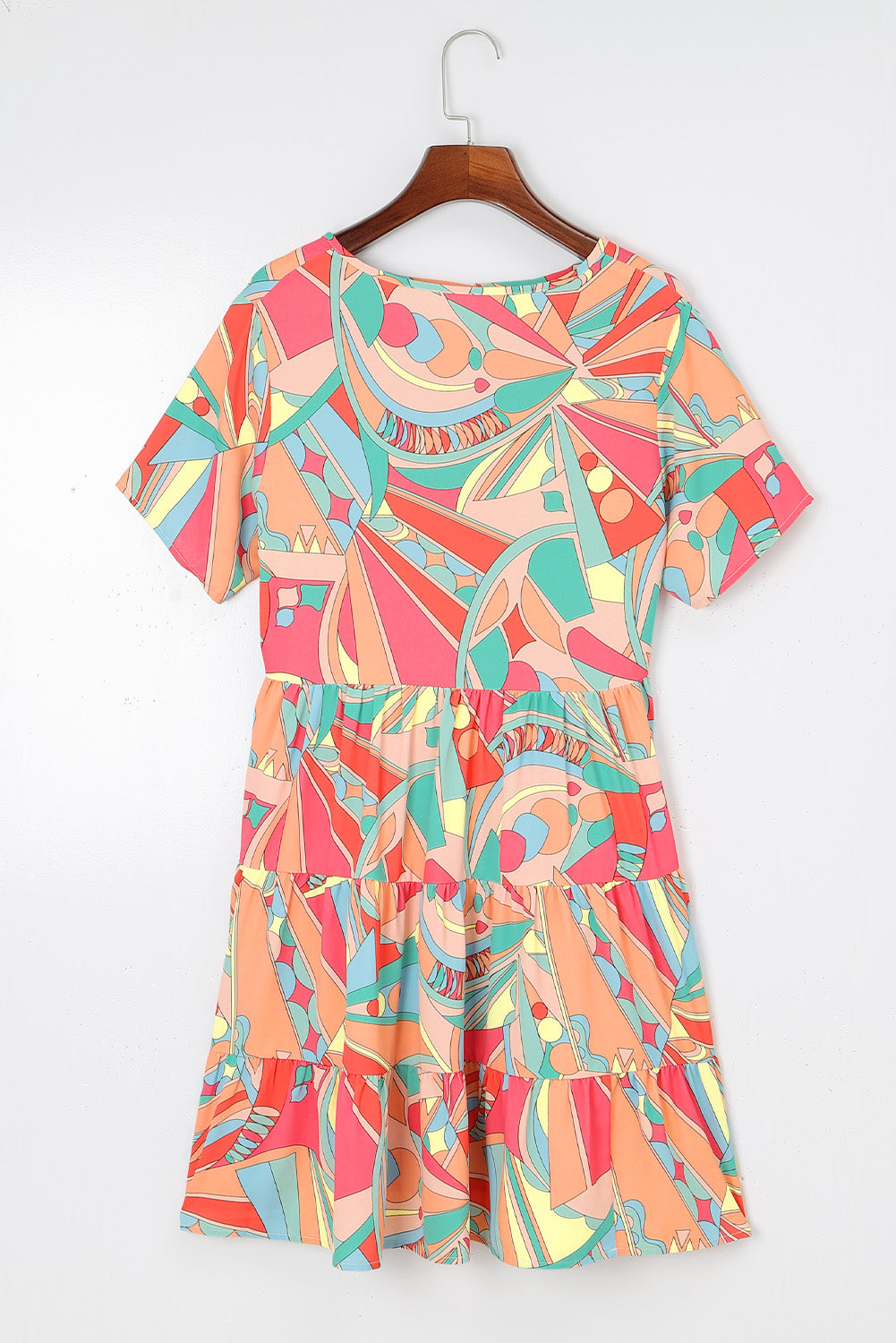 Multicolor Abstract Print Split V Neck Short Sleeve Tiered Dress