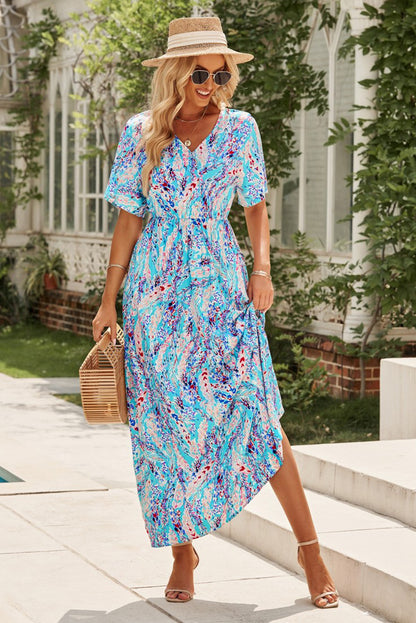 Abstract Botanic Print Wrap V Neck Short Sleeve Maxi Dress