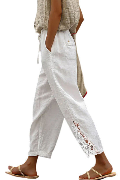 White Lace Splicing Drawstring Linen Pants