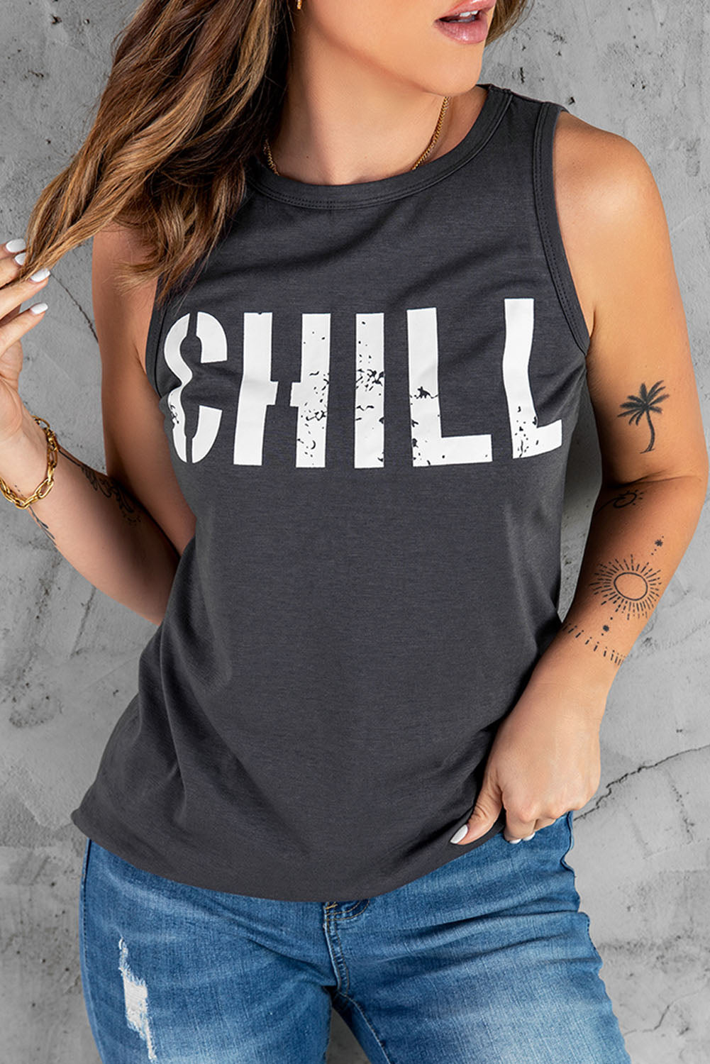 Dark Gray Letter Print Sleeveless Crew Neck Tank Top