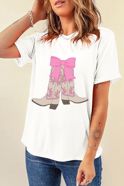 Casual Boots Bow Graphic Round Neck T Shirt