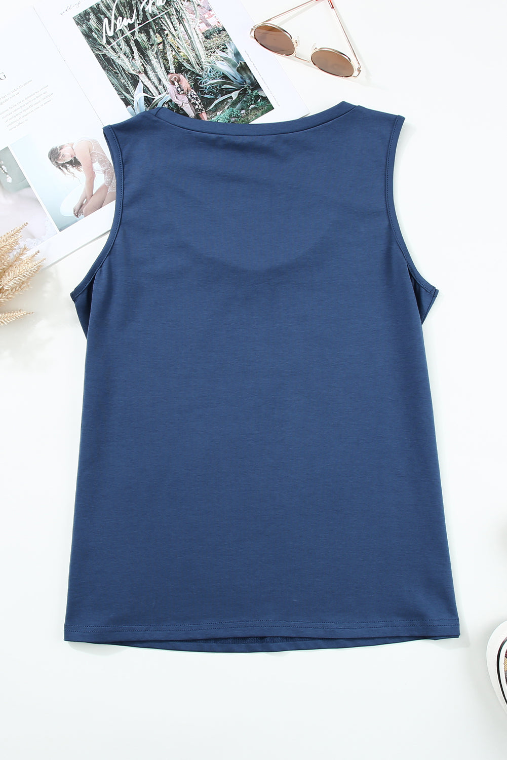 Blue Sleeveless Straps Scoop Neck Tank Top for Women