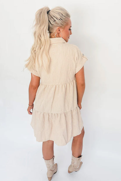 Beige Corded Button Up Tiered Mini Shirt Dress