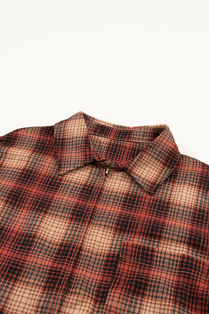 Fiery Red Plaid Print Chest Pocket Zip Up Shirt