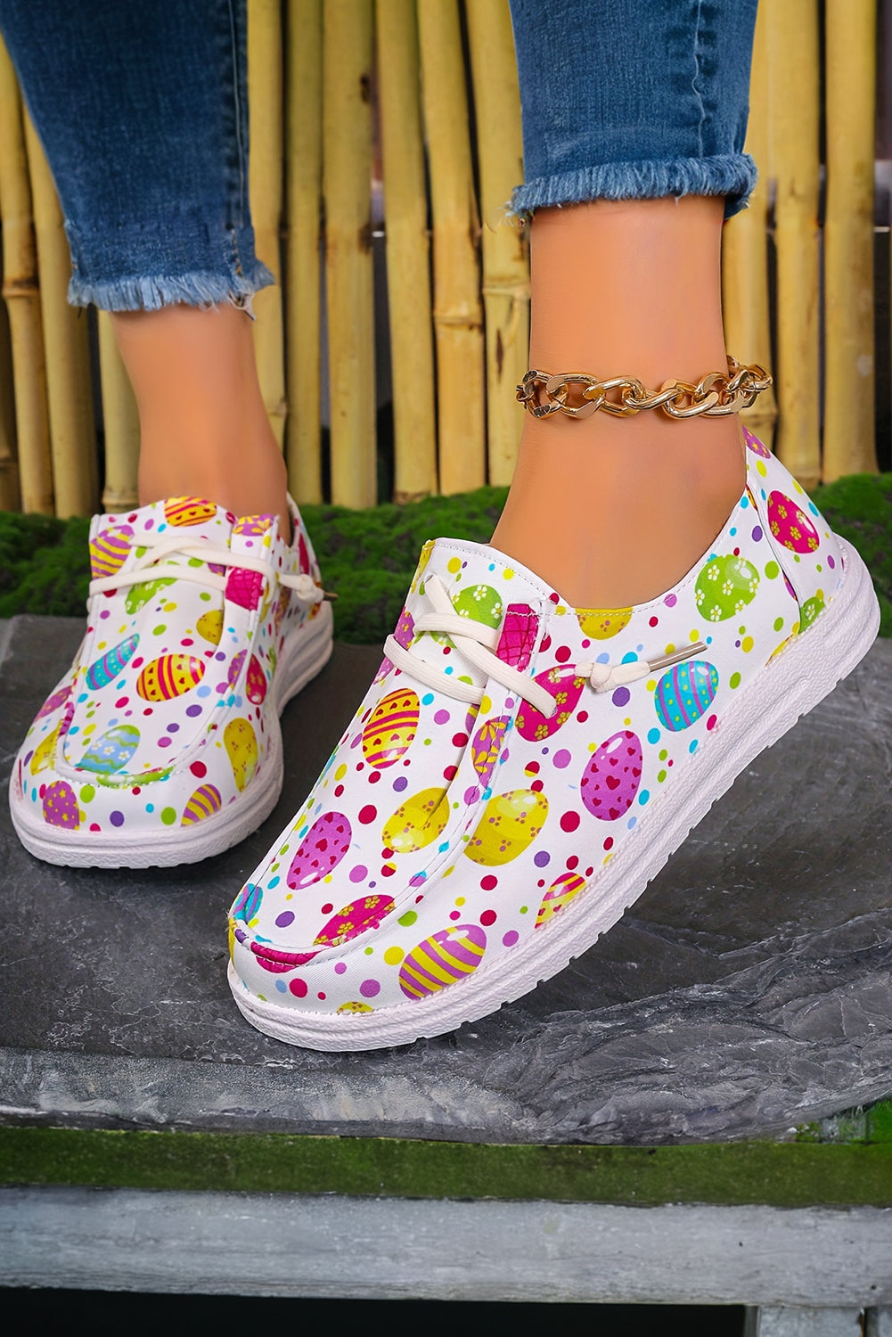 Light Pink Easter Eggs Printed Square Toe Slip On Sneakers