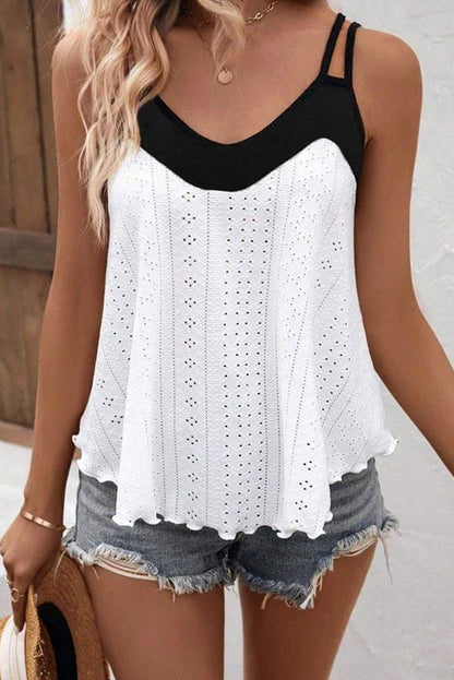 White and Black Patchwork Eyelet Tank Top