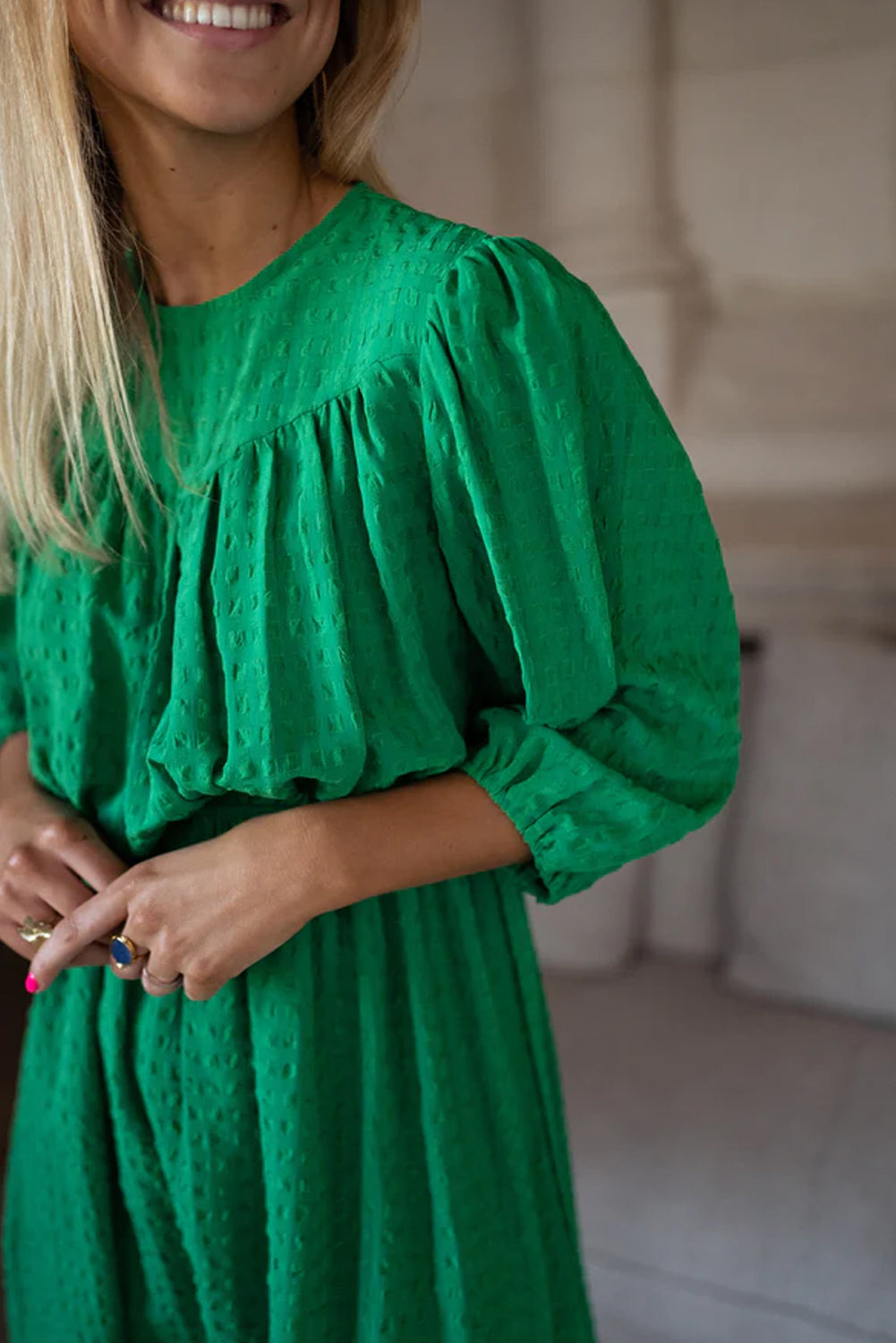 Dark Green Solid Color Round Neck Puff Sleeve Mini Dress
