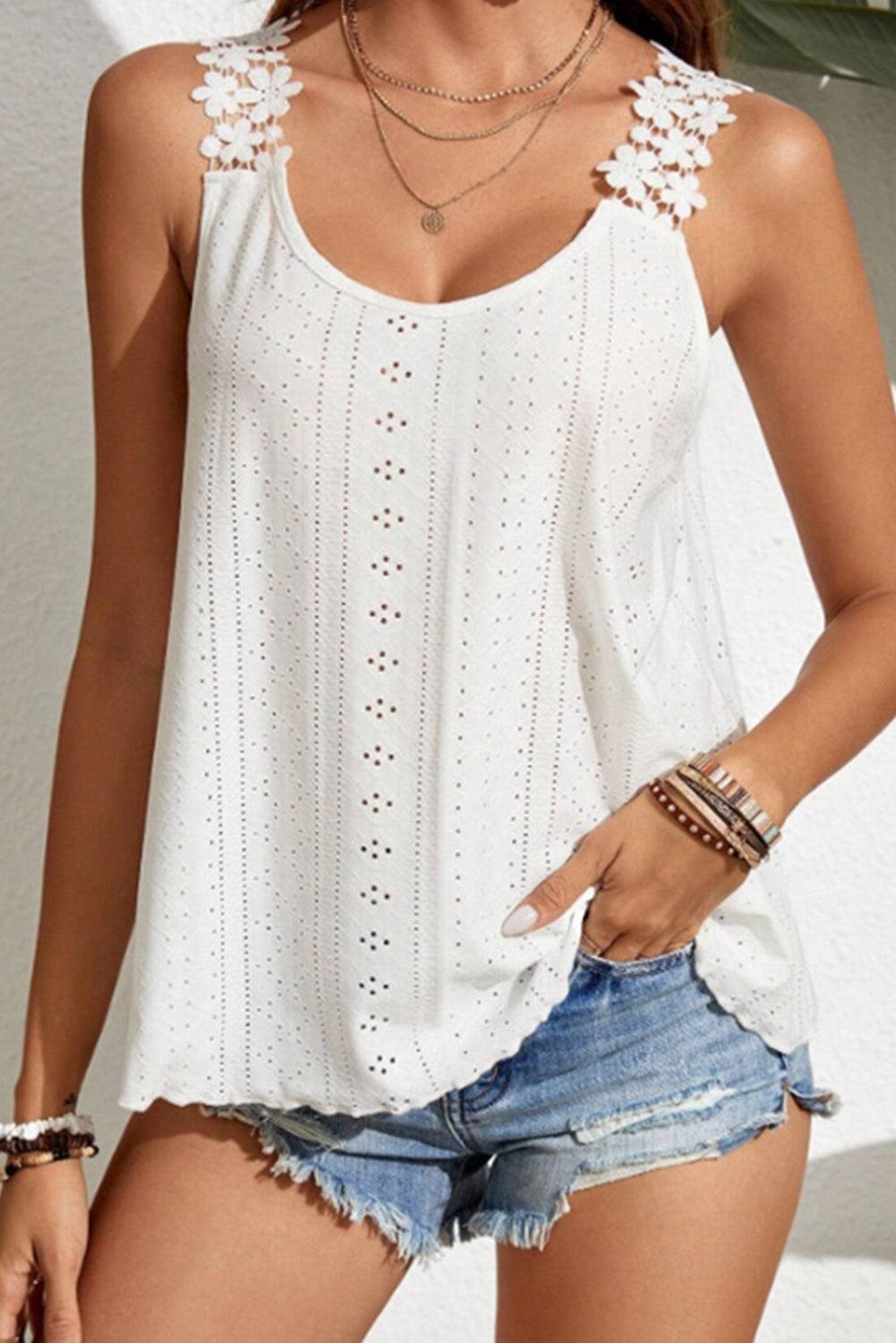 Solid U Neck Lace Eyelet Tank Top