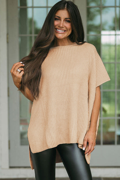 Apricot Side Slit Short Sleeve Oversized Sweater