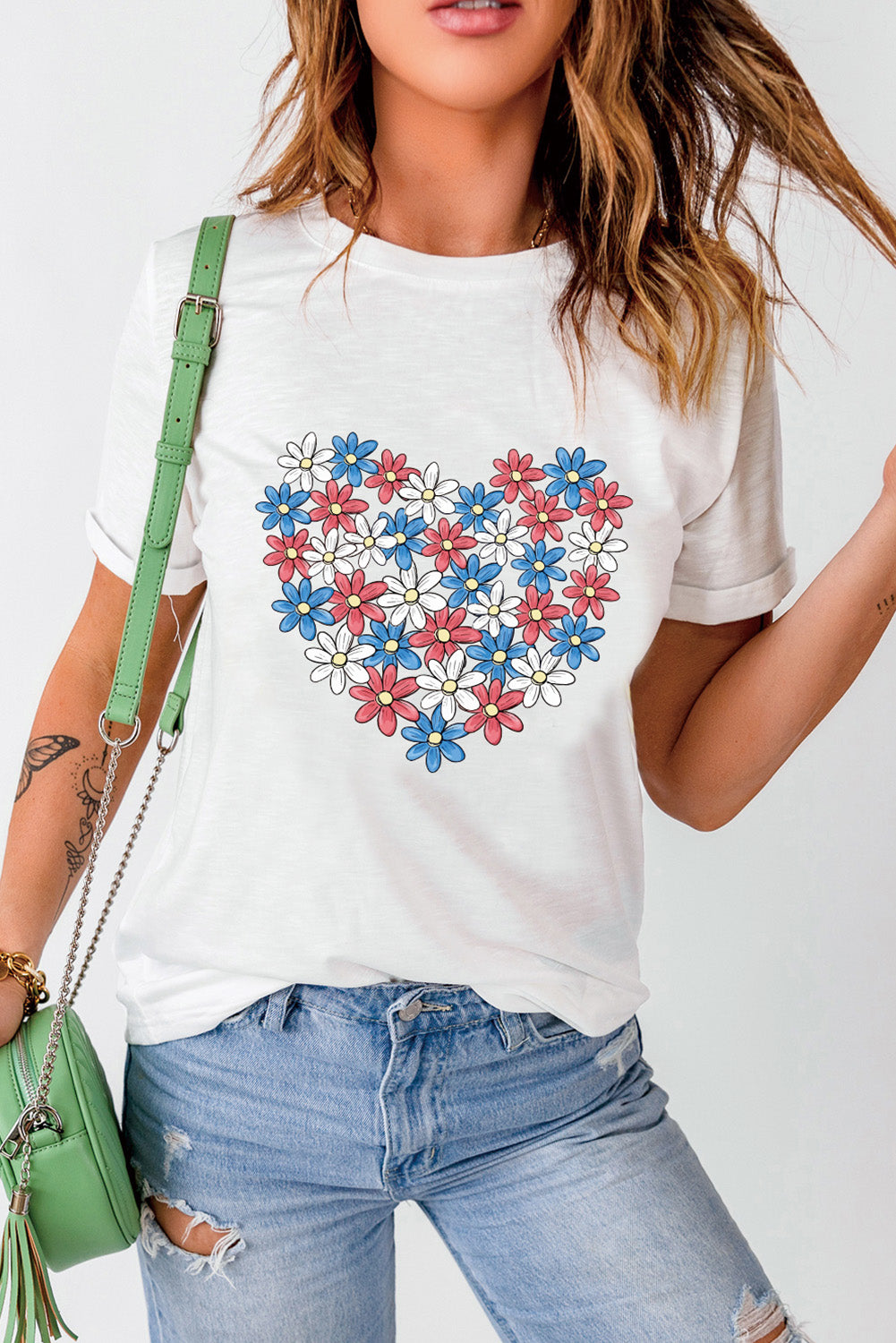 White Daisy Heart Shape Graphic Round Neck T Shirt