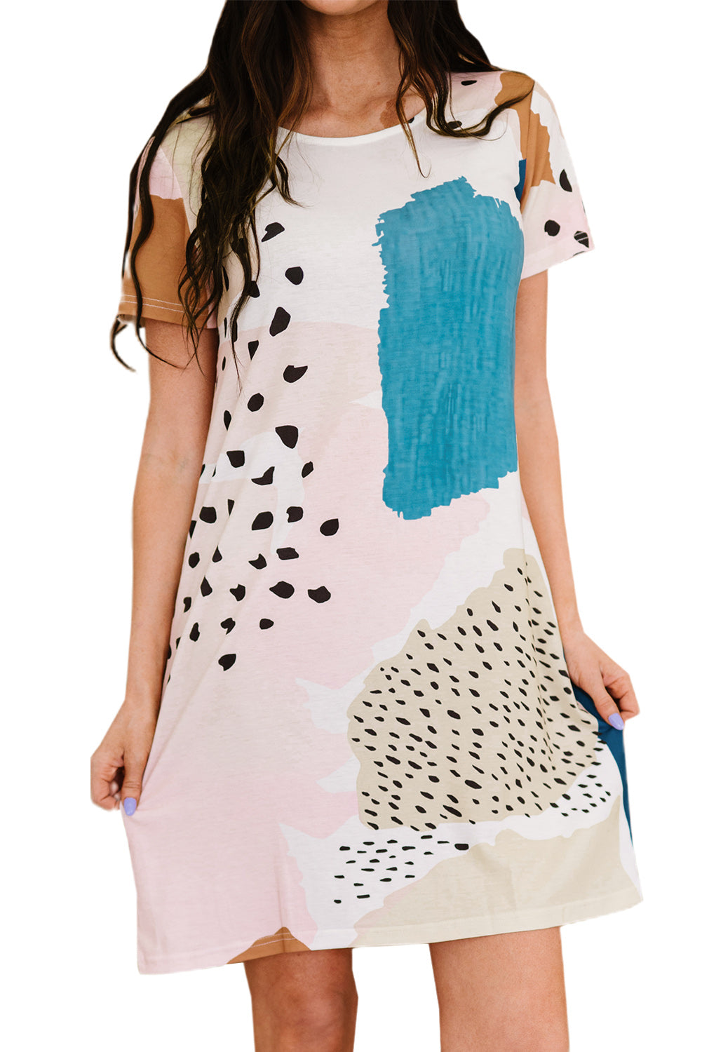 Casual Tie Dye Spotted Print Color Block Shirt Dress