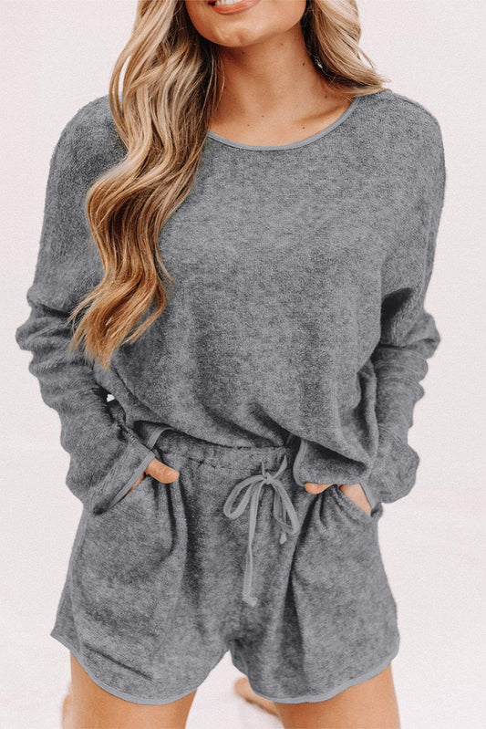 Gray Long Sleeve Top and Drawstring Shorts Loungewear Set