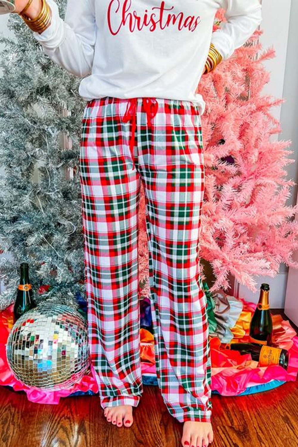 Multicolor Merry Christmas Top and Plaid Pants Pajama Set