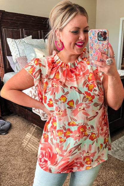 Plus Size Watercolor Floral Print Frill Neck Blouse