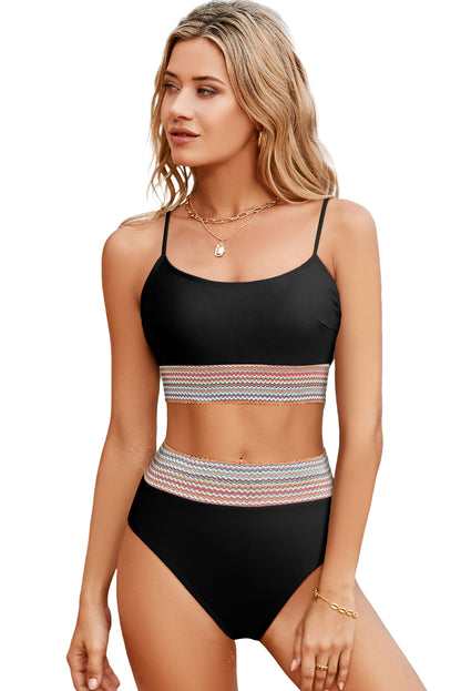 Bikini Set Black Striped Patchwork Spaghetti Strap High Waist