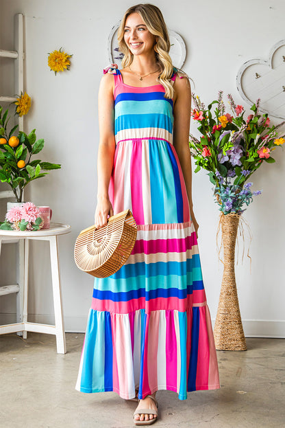 Multicolor Striped Print Bow Knot Straps Sleeveless Maxi Dress