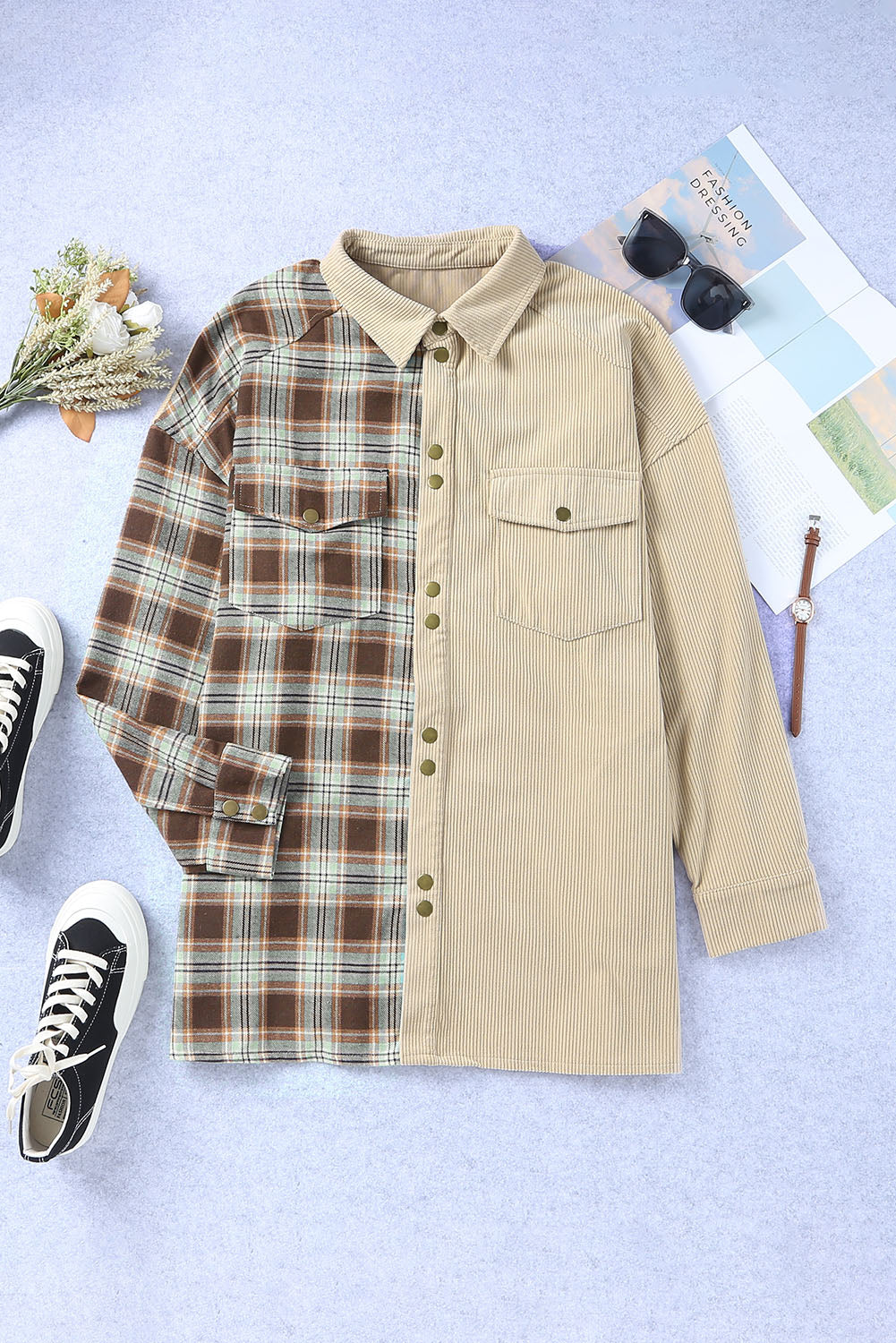 Khaki Plaid Plus Size Washed Cord Shirt