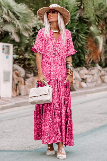 Paisley Print Split V Neck Tiered Boho Maxi Dress