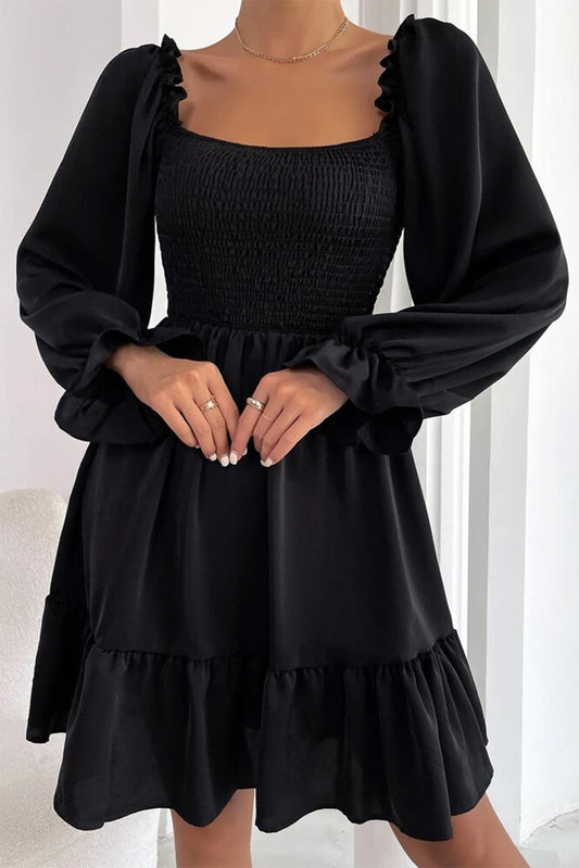 Black Smocked Square Neck Puff Sleeve Ruffle Mini Dress