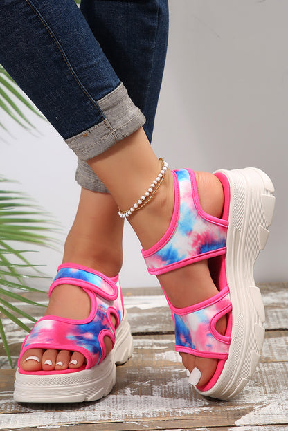 Strawberry Pink Tie Dye Print Hollow Out Platform Sandals