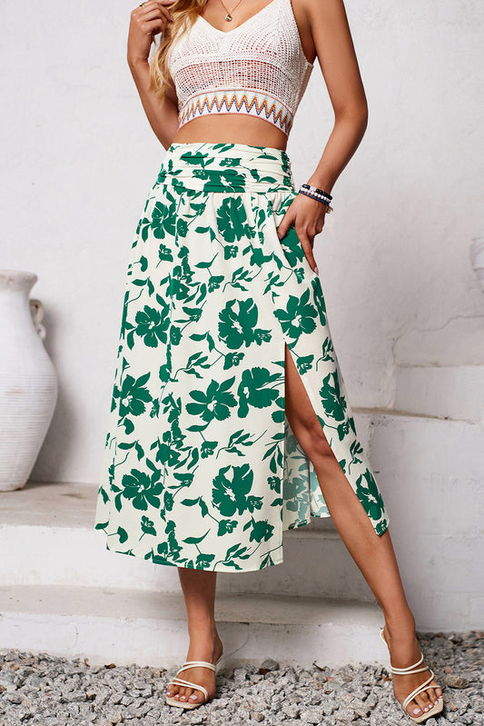 Green Floral Print Side Split Midi Skirt