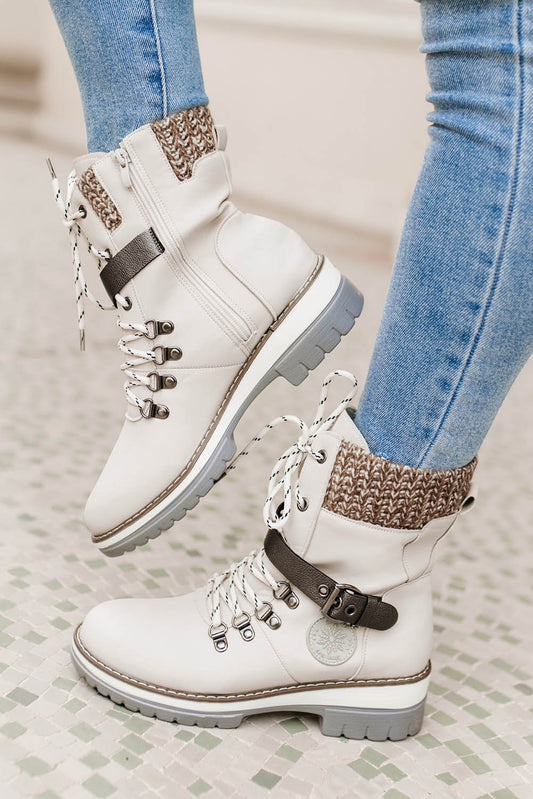 Buckle Lace-up Zipped PU Leather Heeled Boots