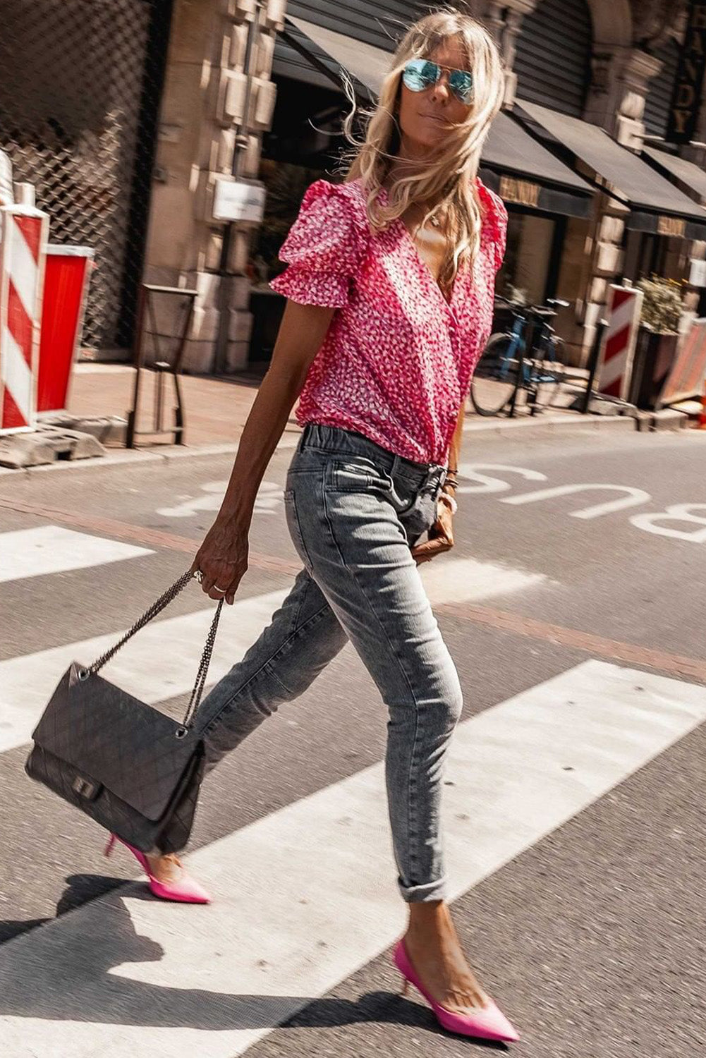 Rosy Leopard Print Oversized Casual Half Sleeve V Neck Top