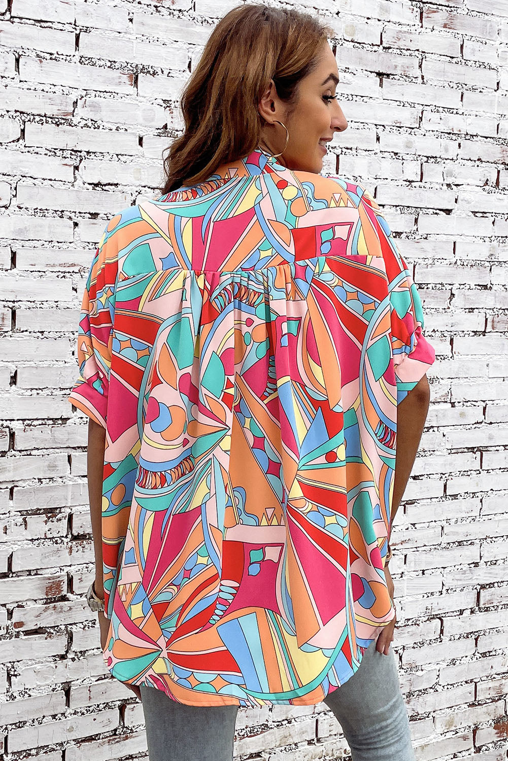 Multicolor Abstract Print Split V Neck Short Sleeve Tiered Dress