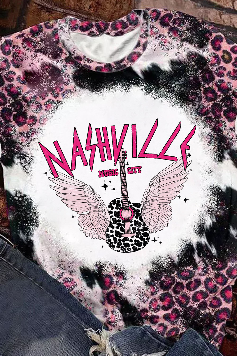 Pink NASHVILLE MUSIC CITY Graphic Bleached Leopard Tee