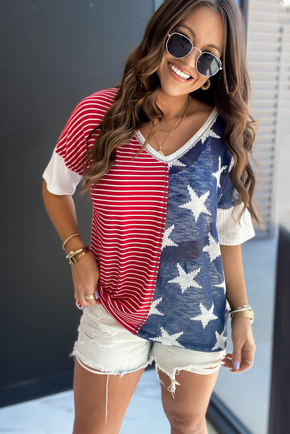 Multicolor Stripes Stars Print Knit Short Sleeve Top