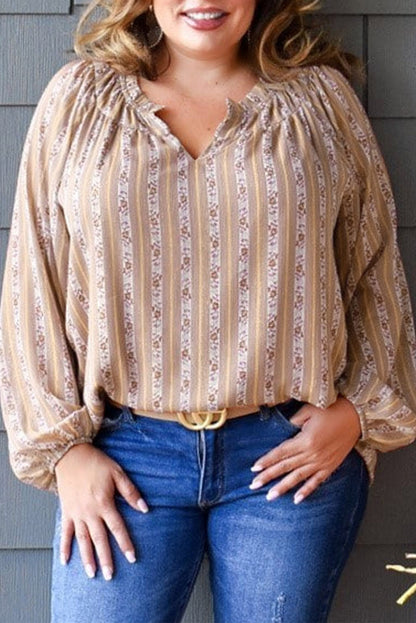 Pink Plus Size Floral Striped Puff Sleeve Split Neck Blouse