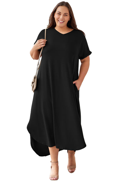 V Neck Rolled Cuffs Plus Size Maxi Dress