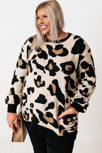 Leopard Ribbed Trim Pocketed Plus Size Sweater