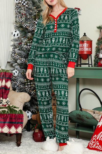 Green Christmas Tree Print Patchwork Color Contrast Pajama Set