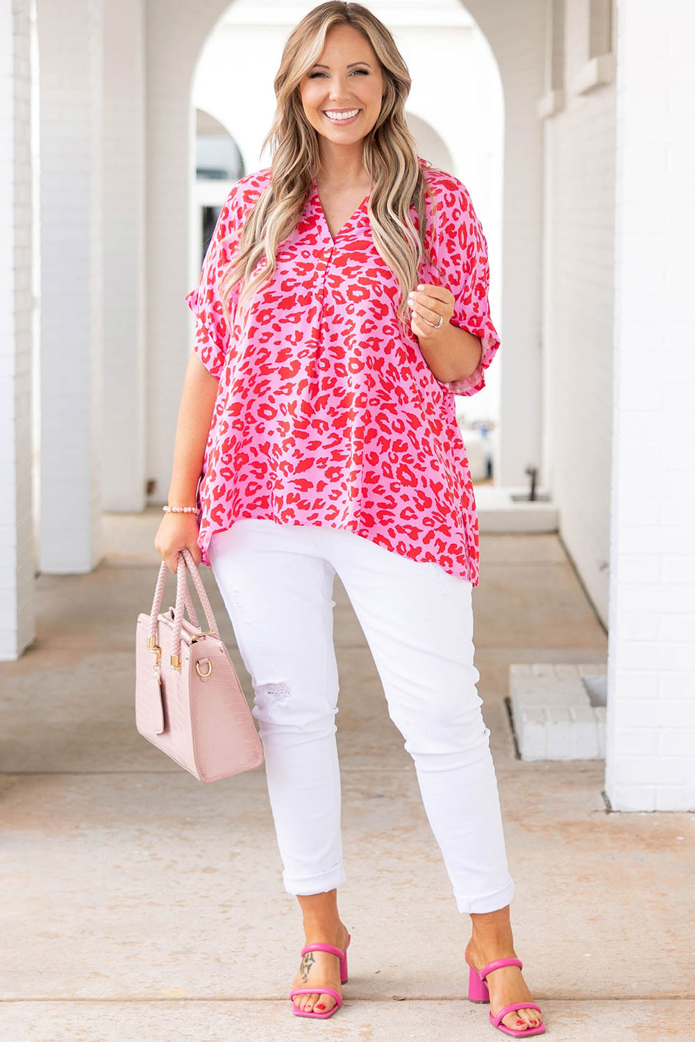 Multicolor Floral Print V Neck Half Sleeve Plus Size Blouse