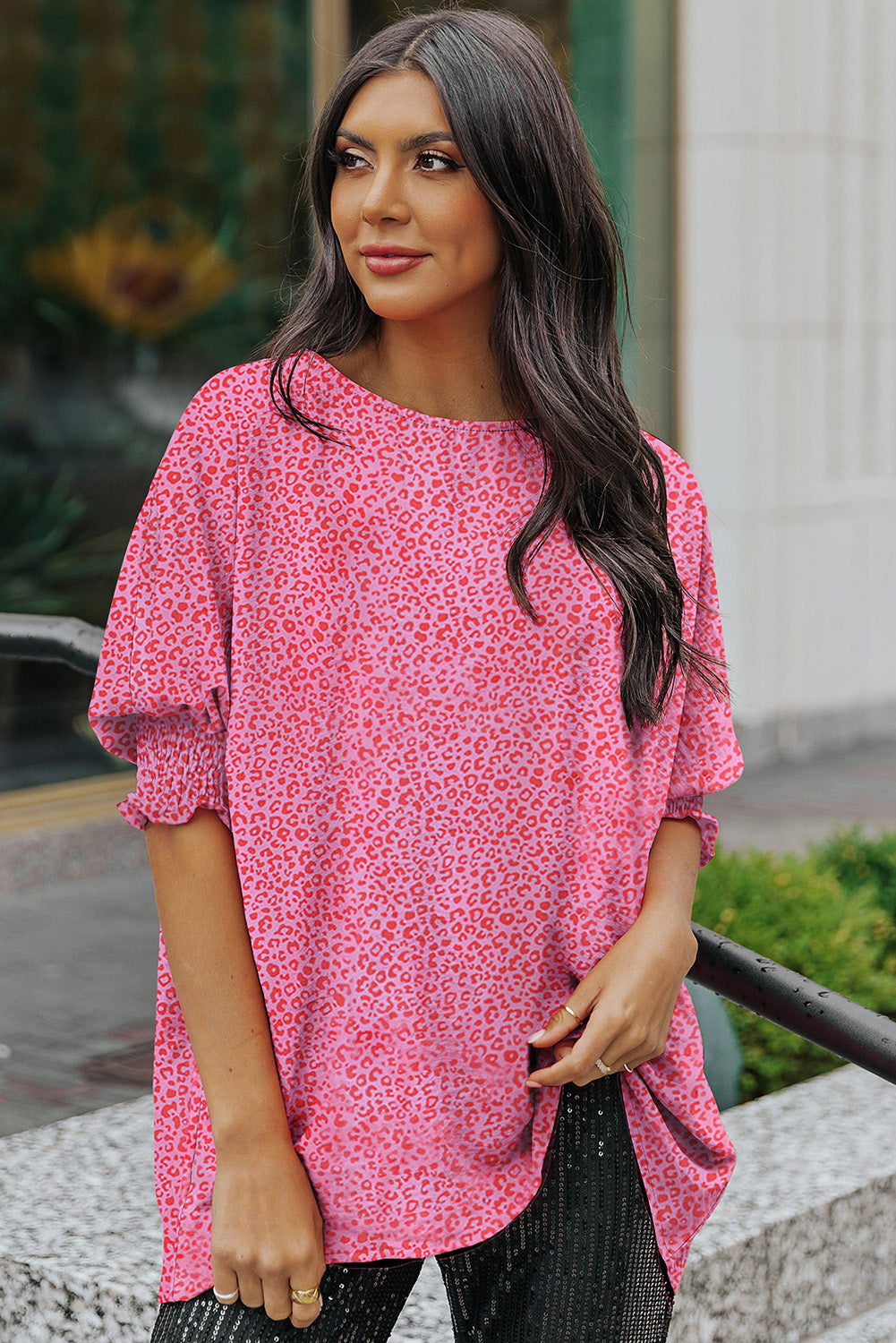 Rosy Leopard Print Oversized Casual Half Sleeve V Neck Top