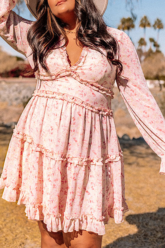 Floral Print Boho Frill Tiered Babydoll Plus Size Dress