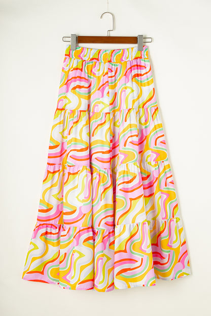 Bohemian Abstract Print Tiered Maxi Skirt