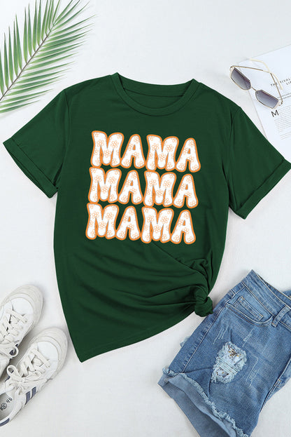Green MAMA Flower Slogan Graphic Crew Neck T Shirt