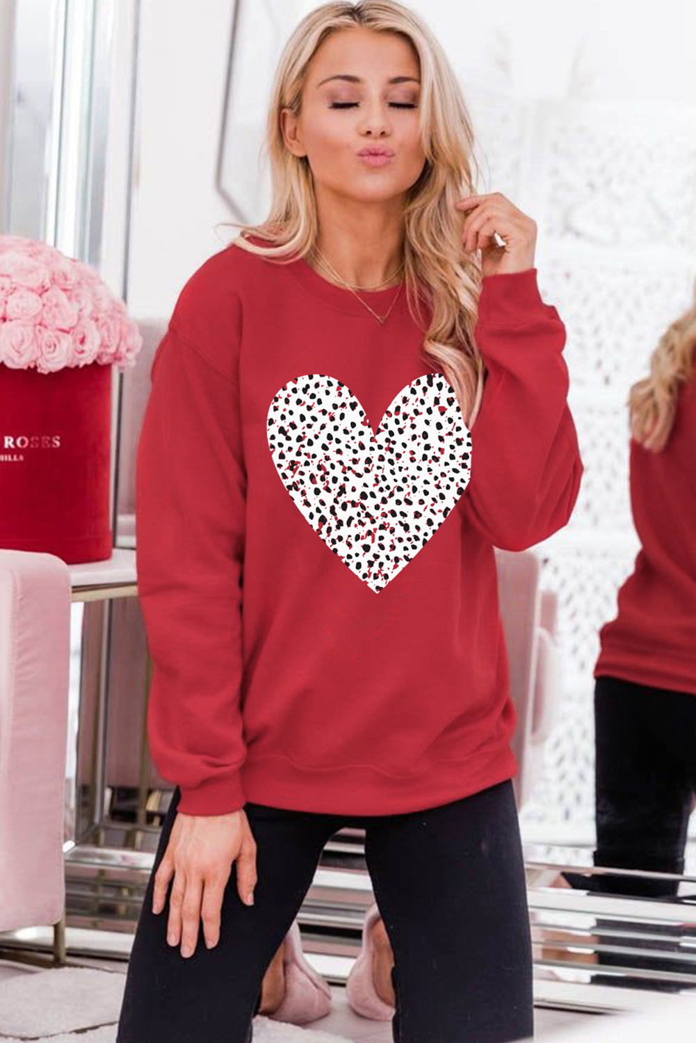 Red Valentine Leopard Heart Graphic Drop Shoulder Sweatshirt