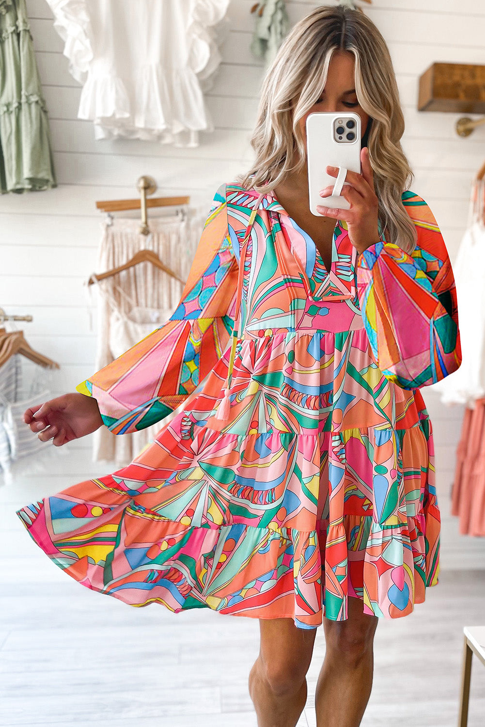 Multicolor Abstract Print Split V Neck Short Sleeve Tiered Dress