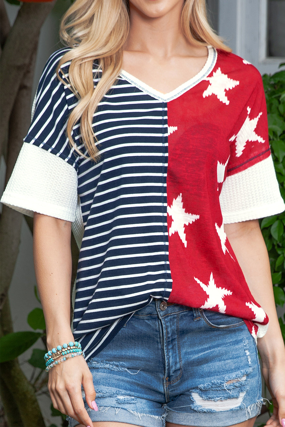 Multicolor Stripes Stars Print Knit Short Sleeve Top