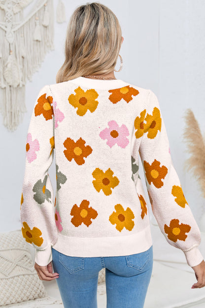 Plus Size Flower Pattern Ribbed Trim Casual Sweater