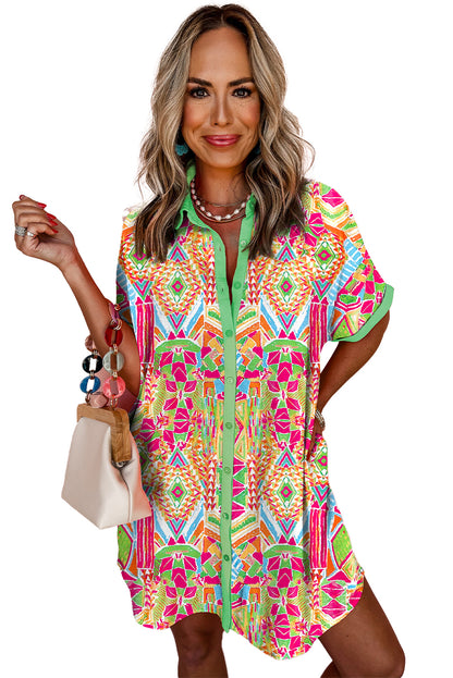 Geometric Print Contrast Trim Short Sleeve Shirt Dress