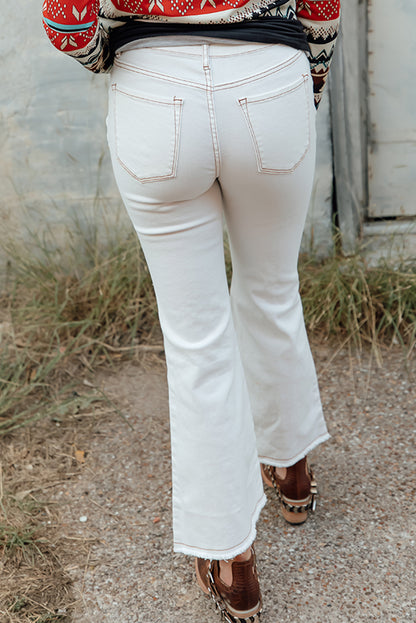 White Distressed Buttons High Waisted Flare Jeans