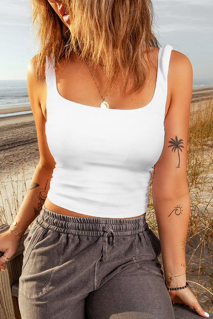 Plain White Slim Fit Square Neck Cropped Tank Top