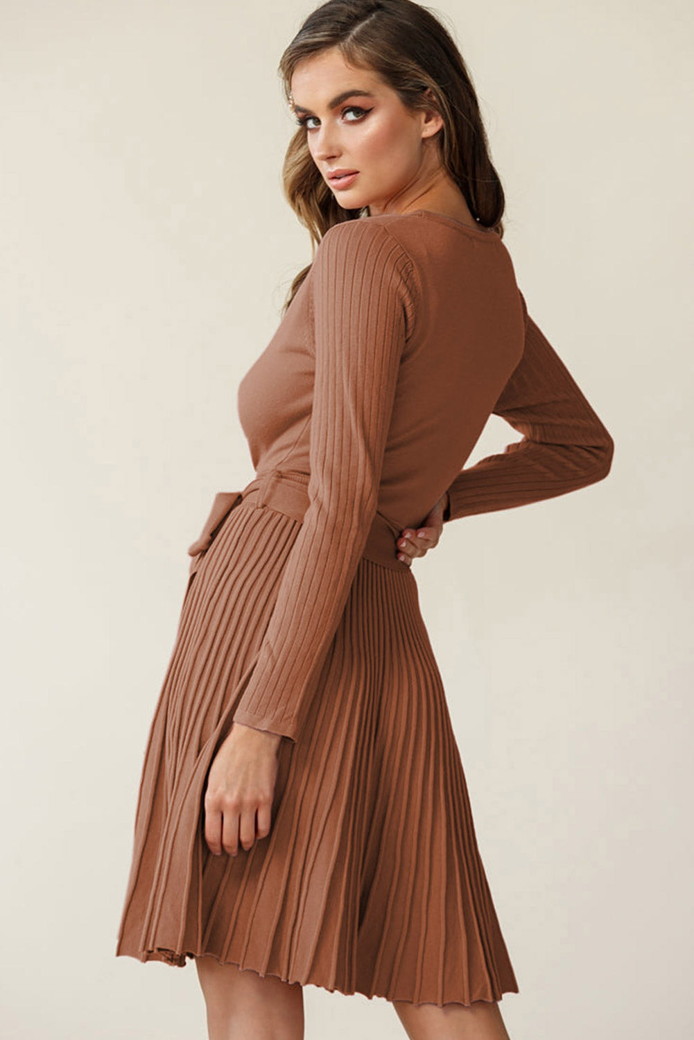 Gray Belted Wrap V Neck Ribbed Pleated Sweater Dress