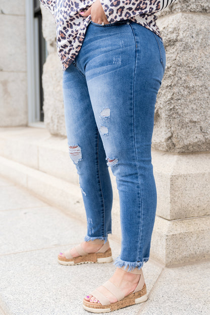 Light Blue Ripped Frayed Straight Leg Plus Size Jeans