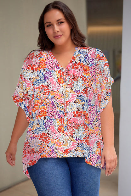 Multicolor Floral Print V Neck Half Sleeve Plus Size Blouse