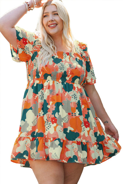 Multicolor Plus Size Shirred Mixed Print Ruffle Dress